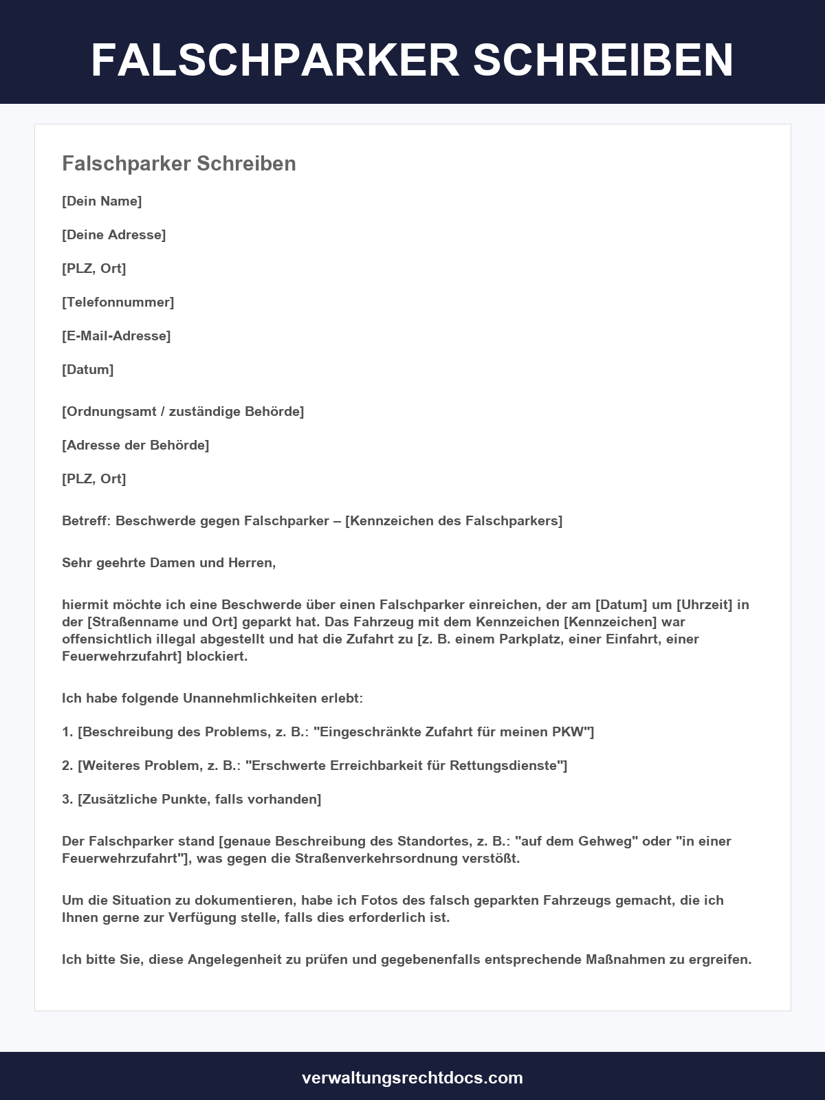 Falschparker Schreiben Vorlage