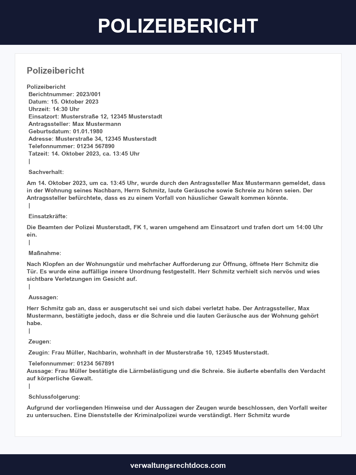 Polizeibericht Vorlage