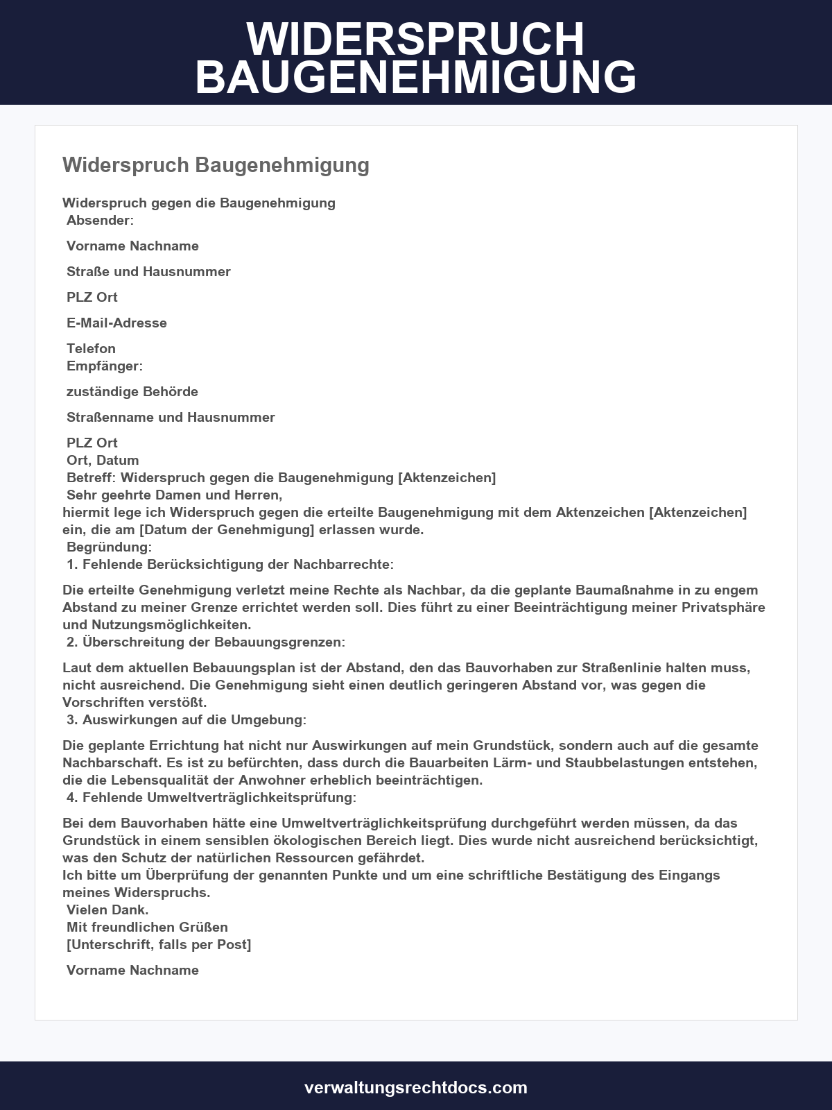 Widerspruch Baugenehmigung Vorlage